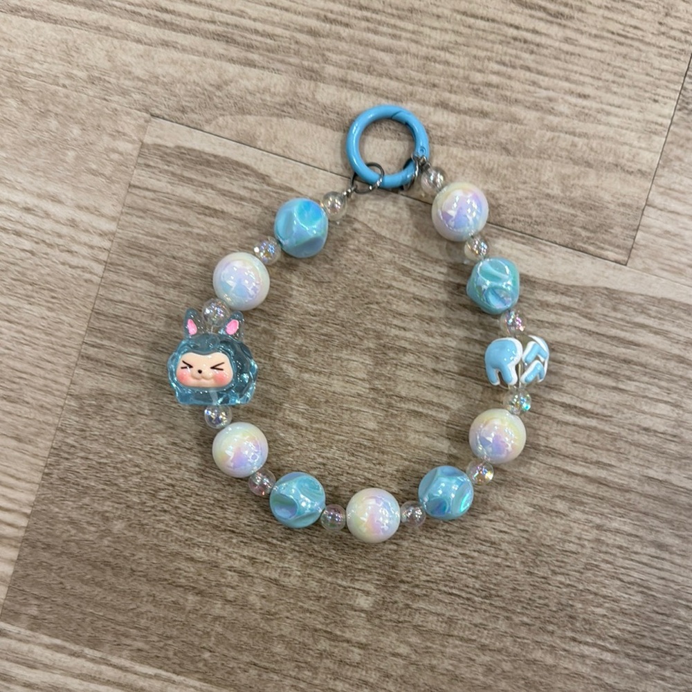 Blue and Cream Beaded Labubu Phone Charm